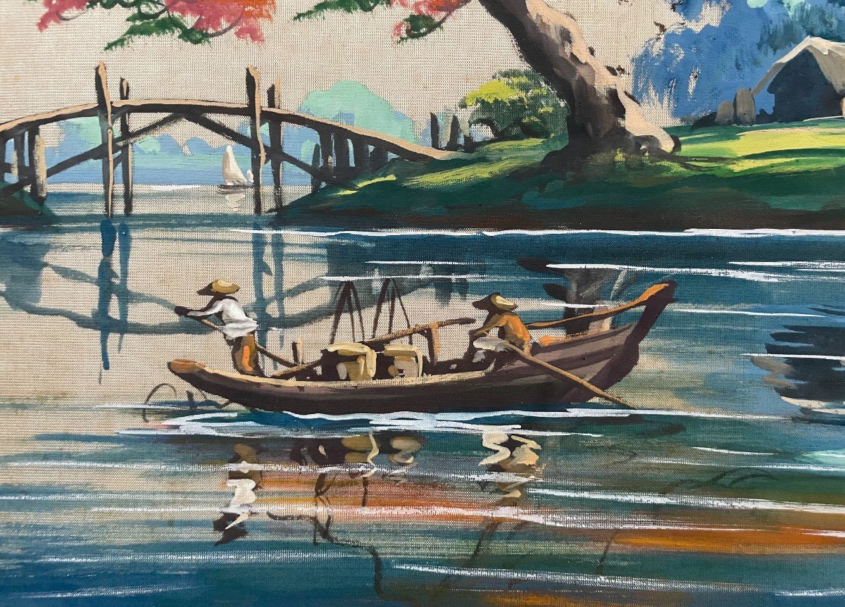 Fishing Scene, Painting On Silk Signed V. Loc, Indochinese School-photo-4