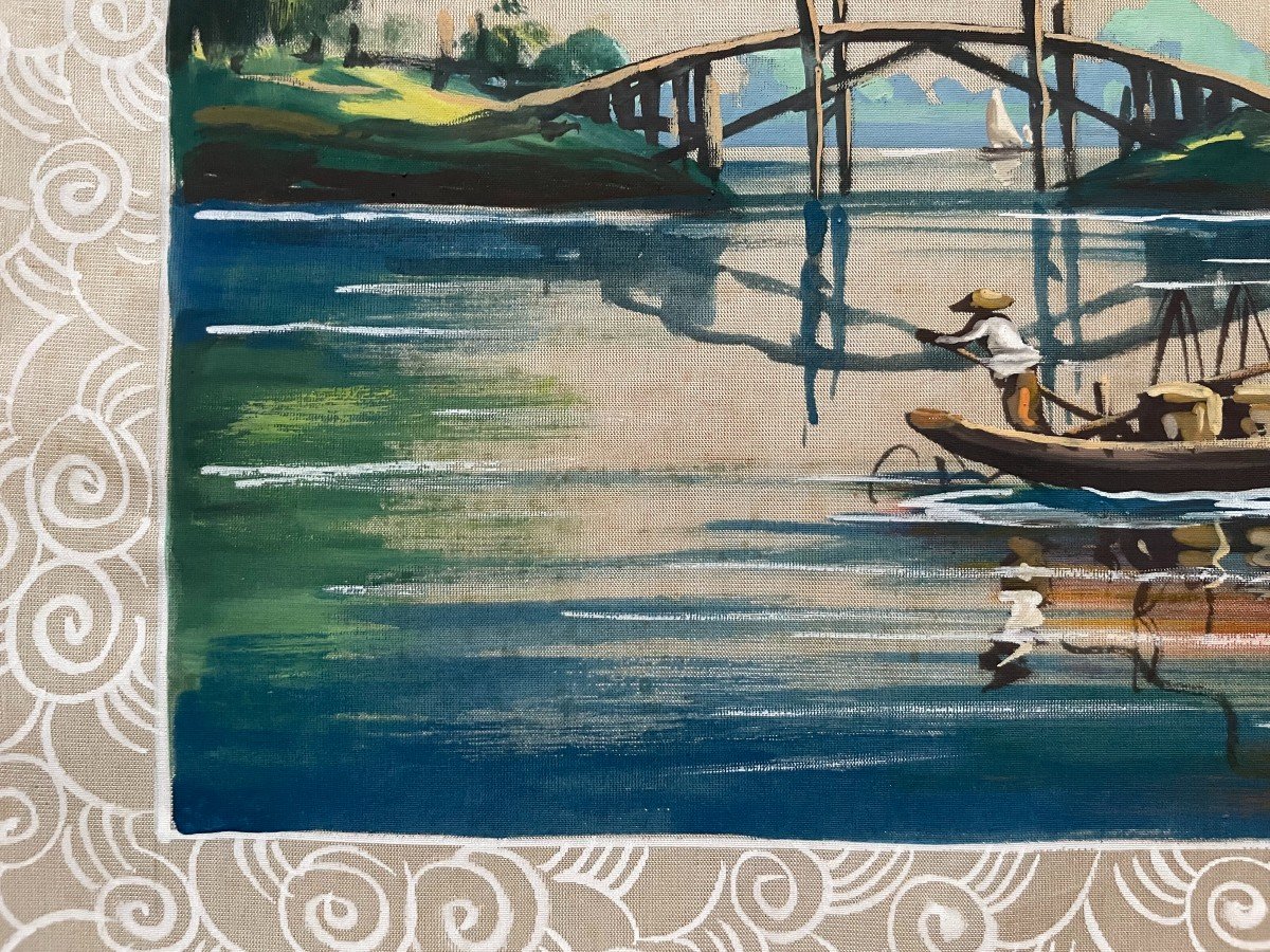 Fishing Scene, Painting On Silk Signed V. Loc, Indochinese School-photo-4