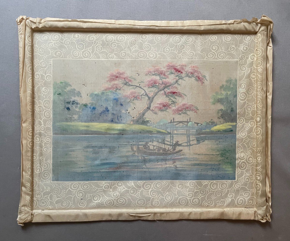 Fishing Scene, Painting On Silk Signed V. Loc, Indochinese School-photo-5