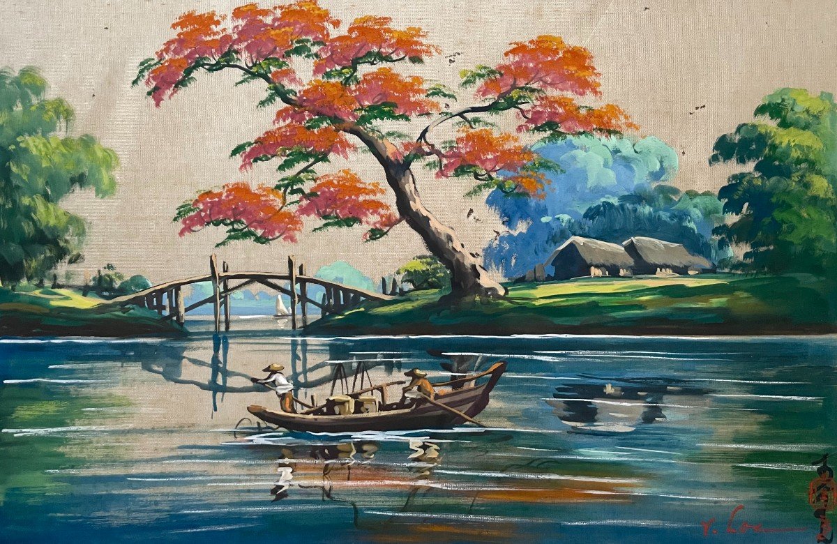 Fishing Scene, Painting On Silk Signed V. Loc, Indochinese School