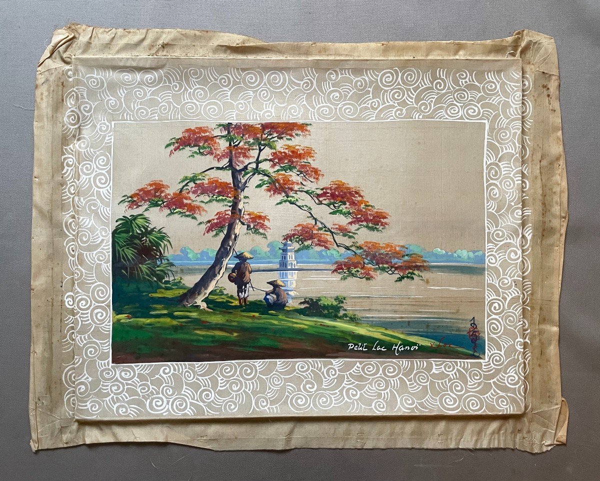 Little Lake Hanoi, Painting On Silk Signed V. Loc, Indochinese School -photo-2