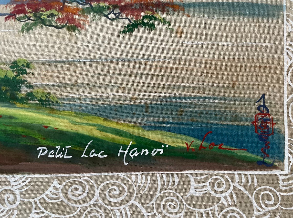 Little Lake Hanoi, Painting On Silk Signed V. Loc, Indochinese School -photo-3