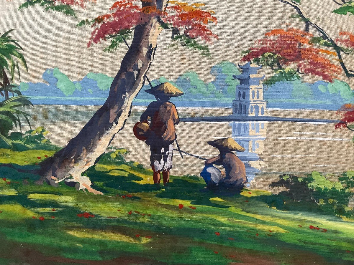 Little Lake Hanoi, Painting On Silk Signed V. Loc, Indochinese School -photo-4