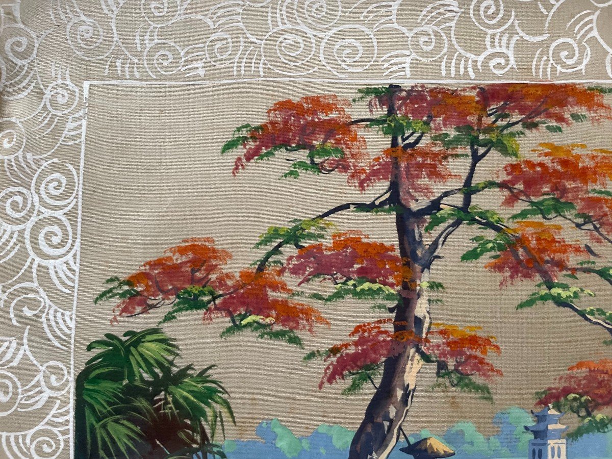 Little Lake Hanoi, Painting On Silk Signed V. Loc, Indochinese School -photo-1