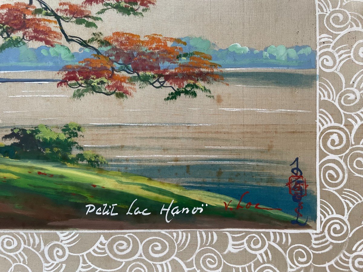 Little Lake Hanoi, Painting On Silk Signed V. Loc, Indochinese School -photo-3