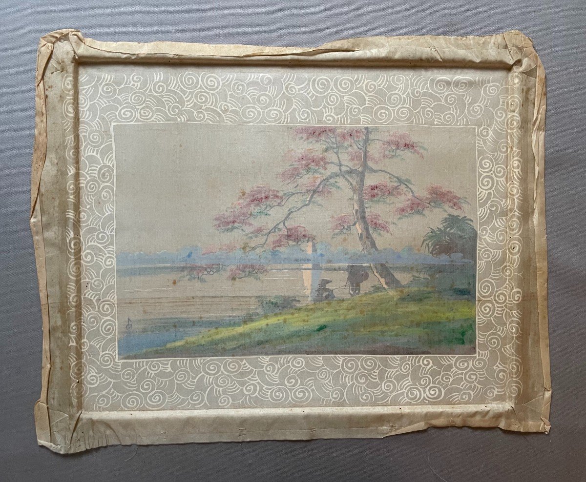 Little Lake Hanoi, Painting On Silk Signed V. Loc, Indochinese School -photo-5