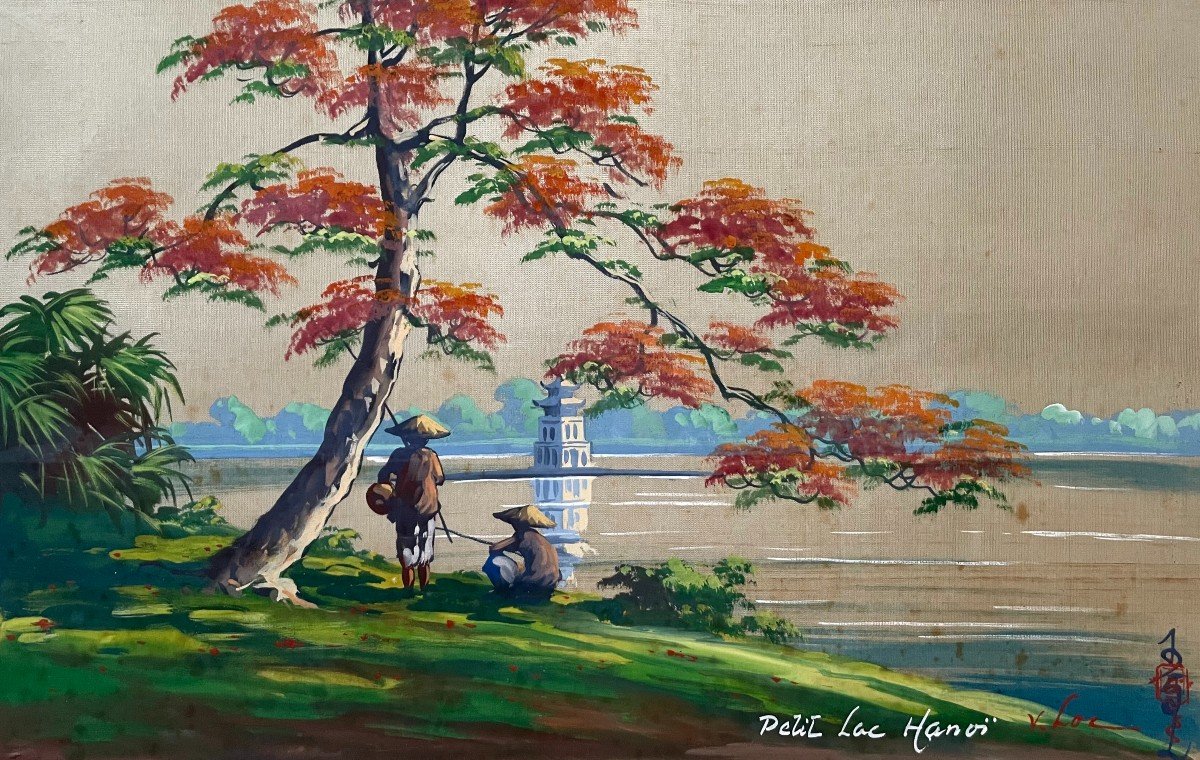 Little Lake Hanoi, Painting On Silk Signed V. Loc, Indochinese School 