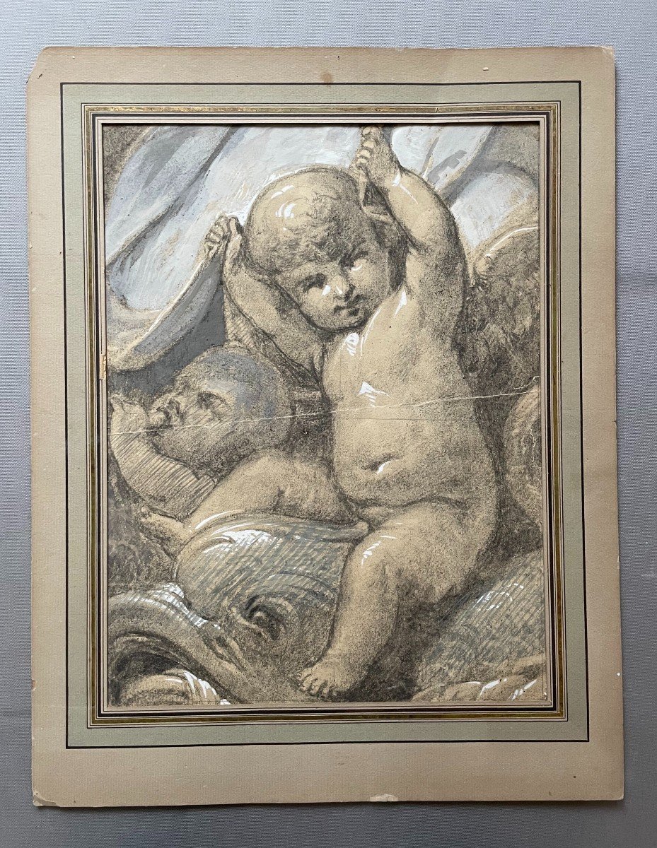 Cherubs, Black Chalk And Gouache, 19th Century Drawing Or Before-photo-2