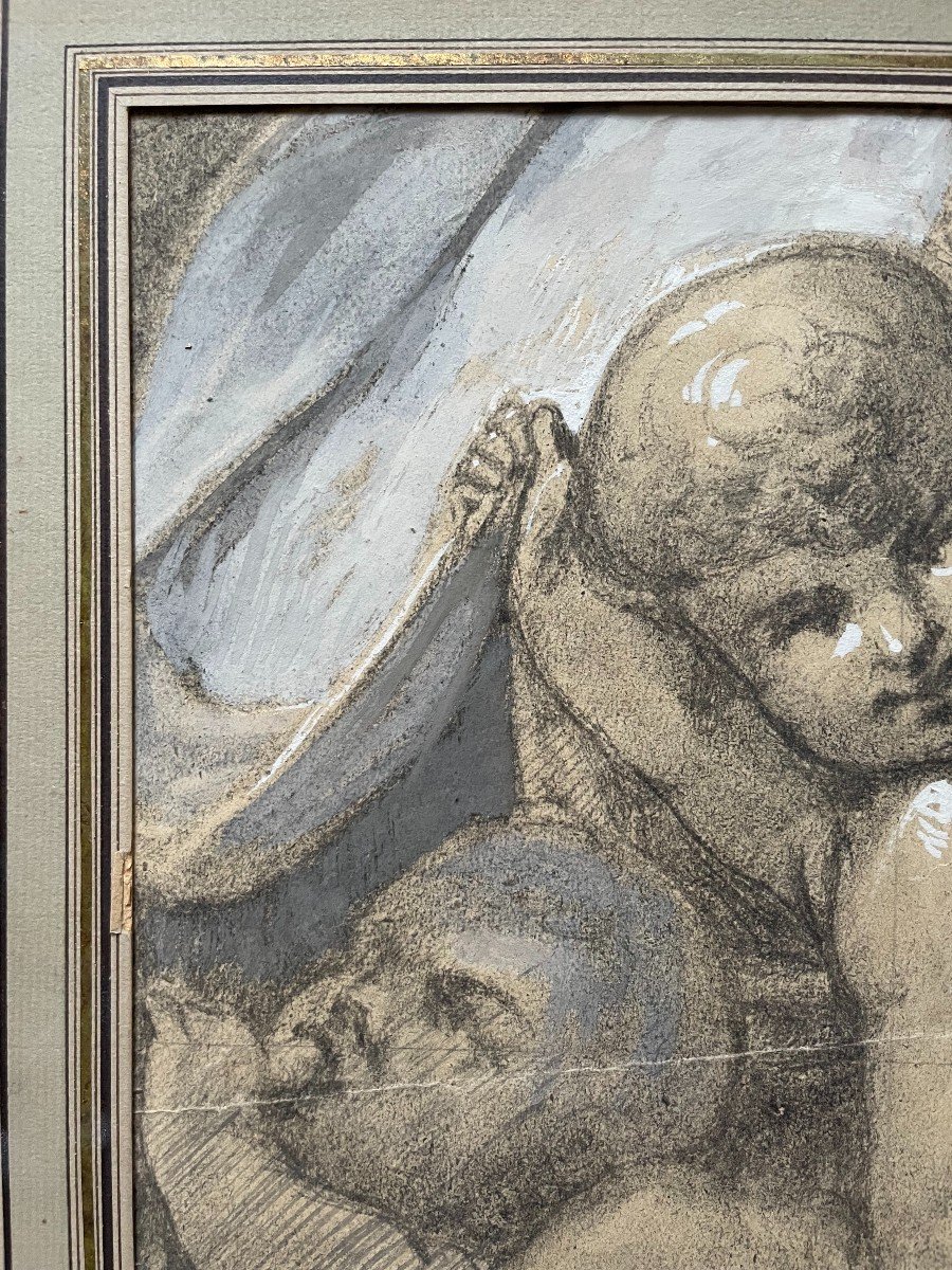 Cherubs, Black Chalk And Gouache, 19th Century Drawing Or Before-photo-3