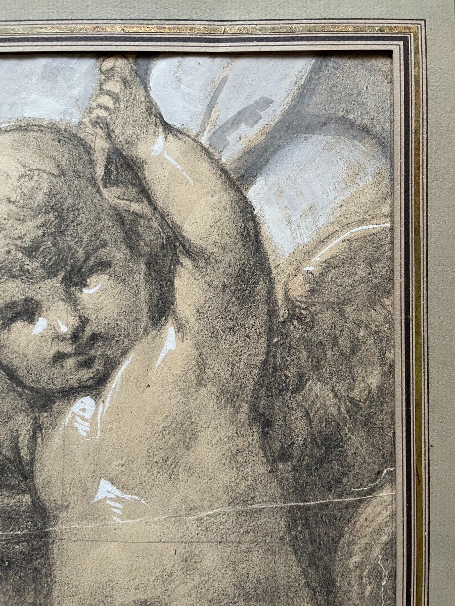 Cherubs, Black Chalk And Gouache, 19th Century Drawing Or Before-photo-4