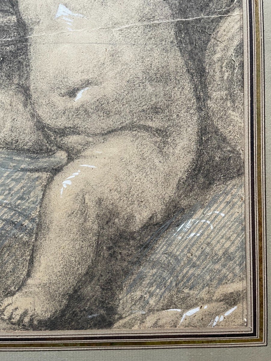 Cherubs, Black Chalk And Gouache, 19th Century Drawing Or Before-photo-1