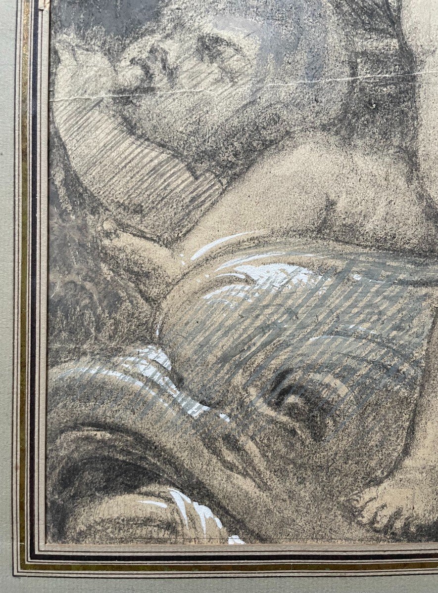 Cherubs, Black Chalk And Gouache, 19th Century Drawing Or Before-photo-2