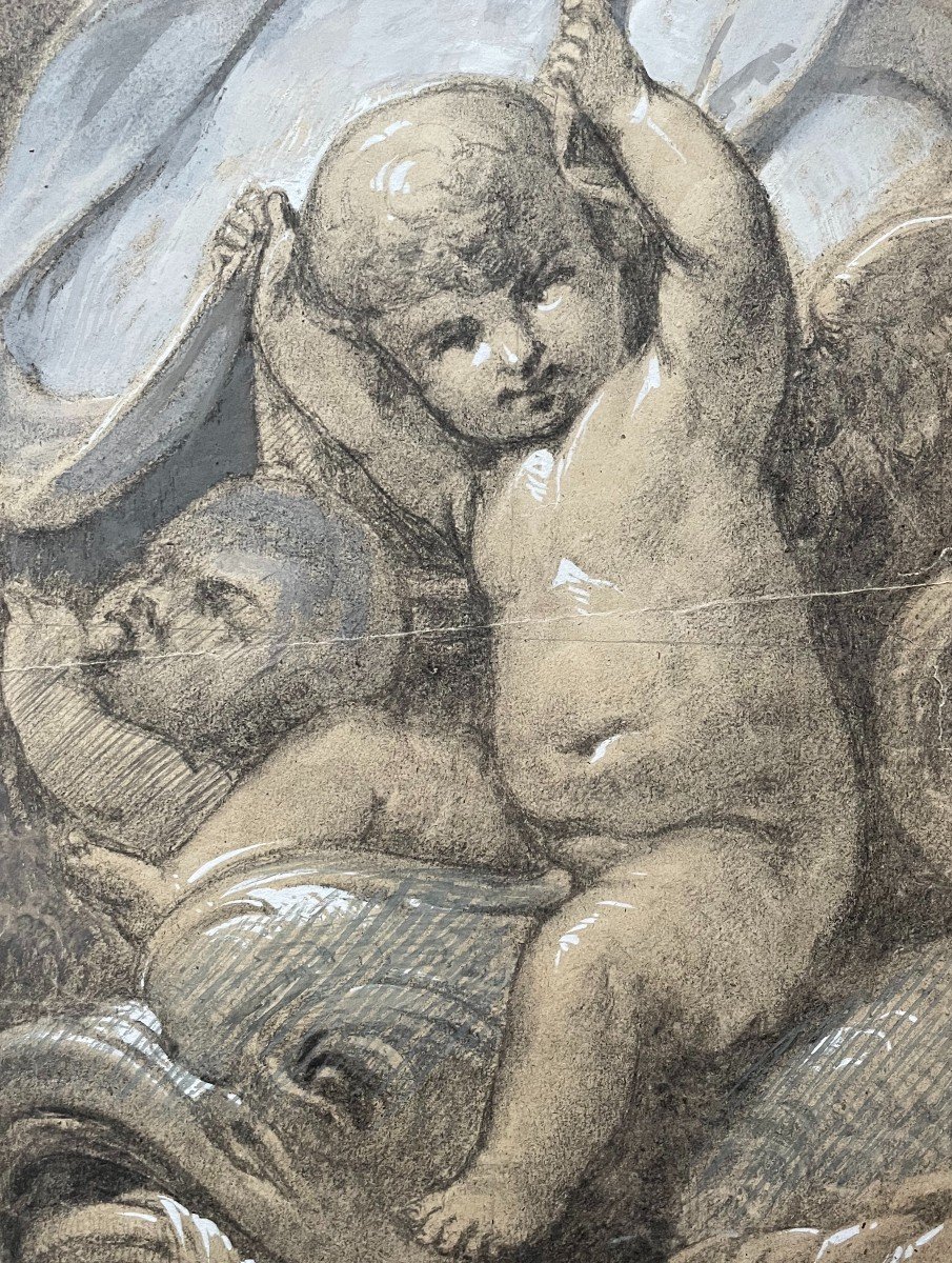 Cherubs, Black Chalk And Gouache, 19th Century Drawing Or Before