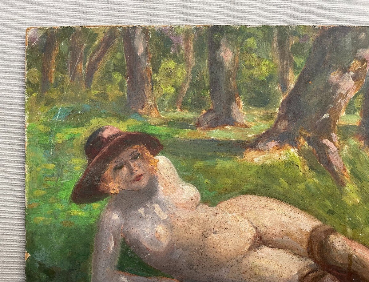 Nude In Stockings And Hat, Oil On Isorel-photo-3