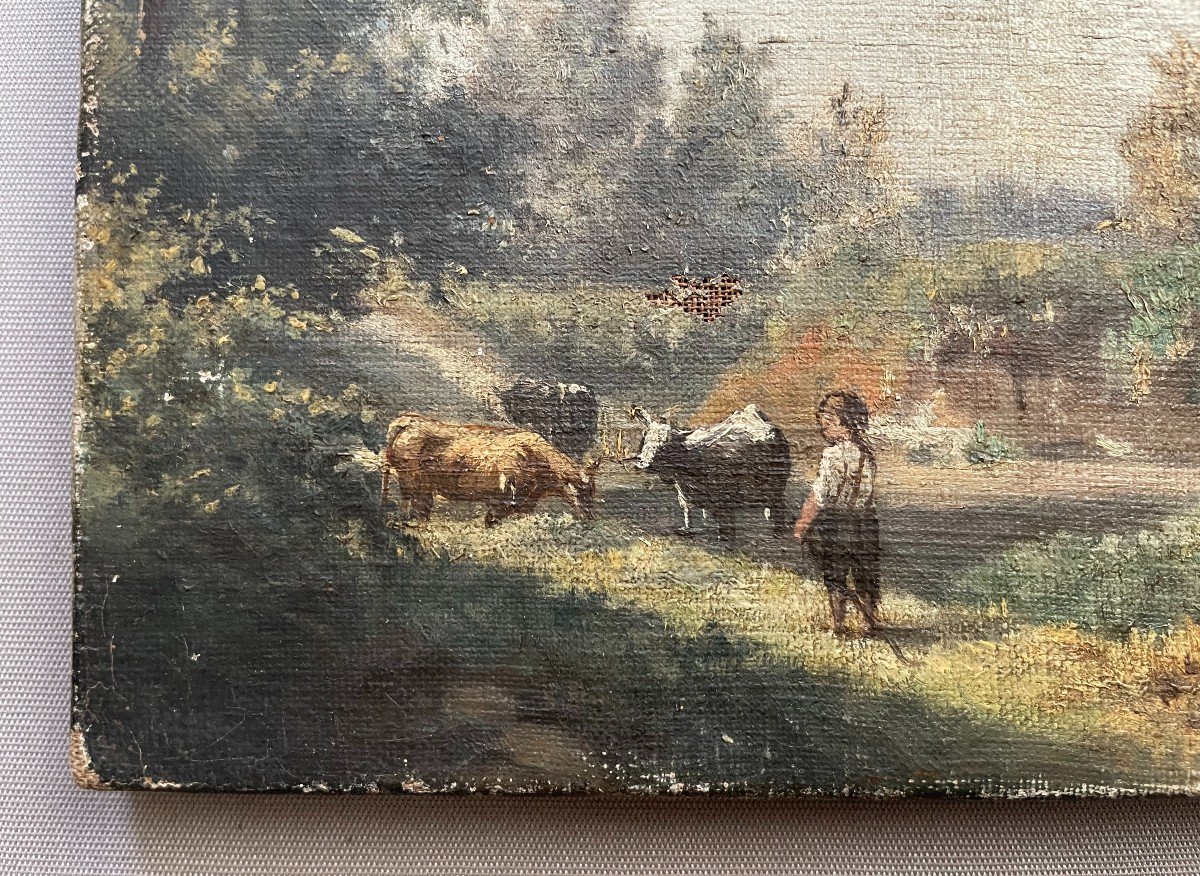 Young Herdsman, Oil On Canvas 19th Century, Signature To Be Identifer-photo-2