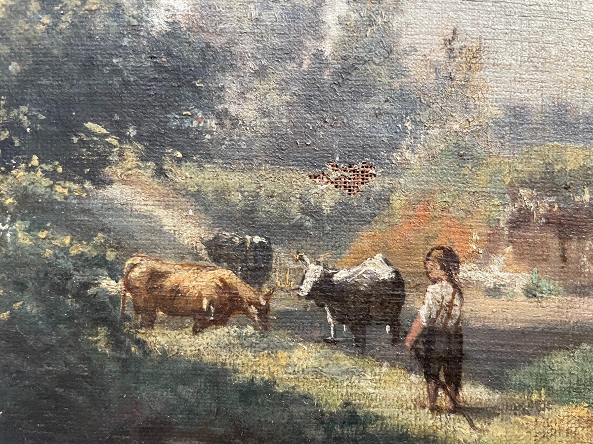 Young Herdsman, Oil On Canvas 19th Century, Signature To Be Identifer-photo-4