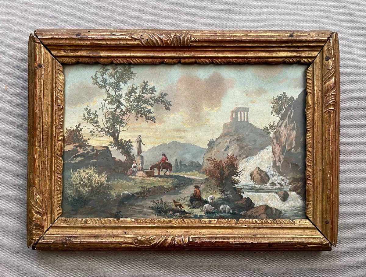 Scène Bucolique Dans Un Paysage à l'Antique, Gouache XVIIIe