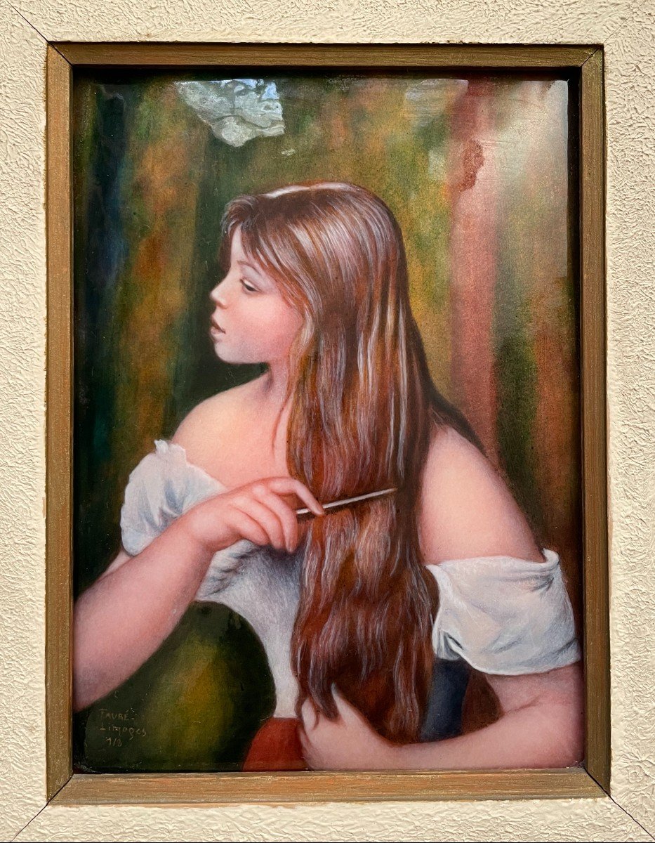 Young Woman Doing Her Hair, Limoges Email Signed Fauré, Numbered 1/8-photo-2