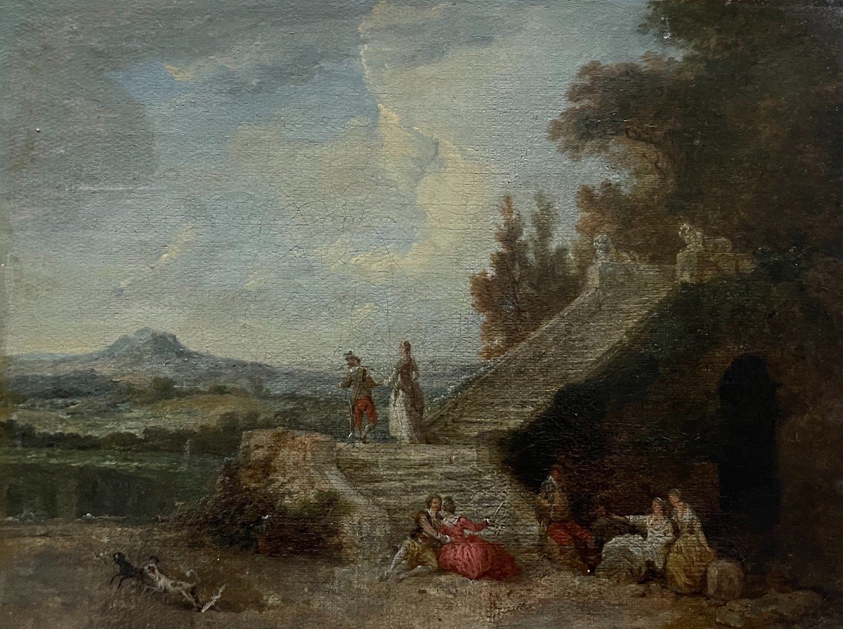 Animated Scene In A Park, Oil On Canvas, 18th Century