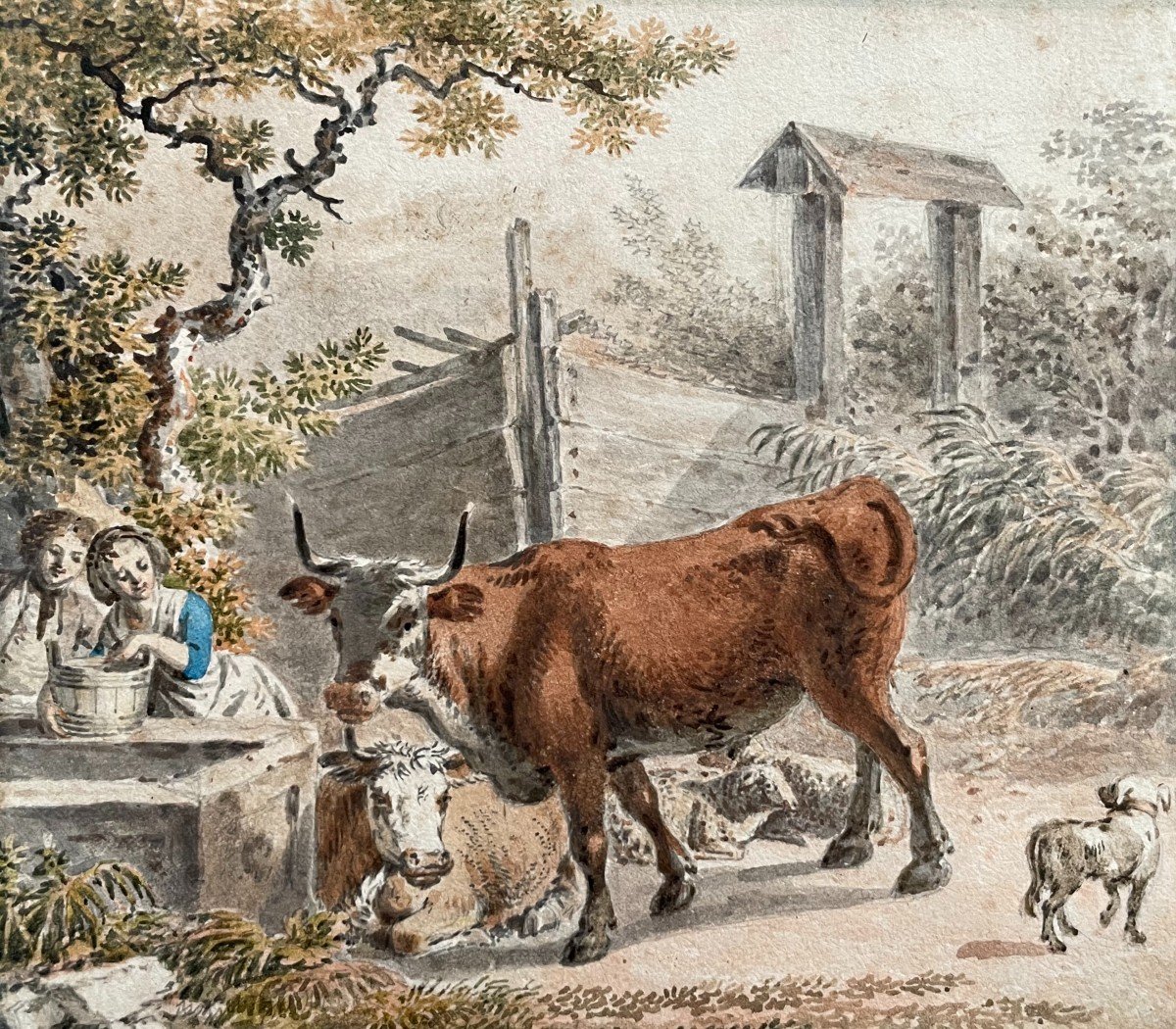 Cows And Peasant Couple, 19th Century Watercolor