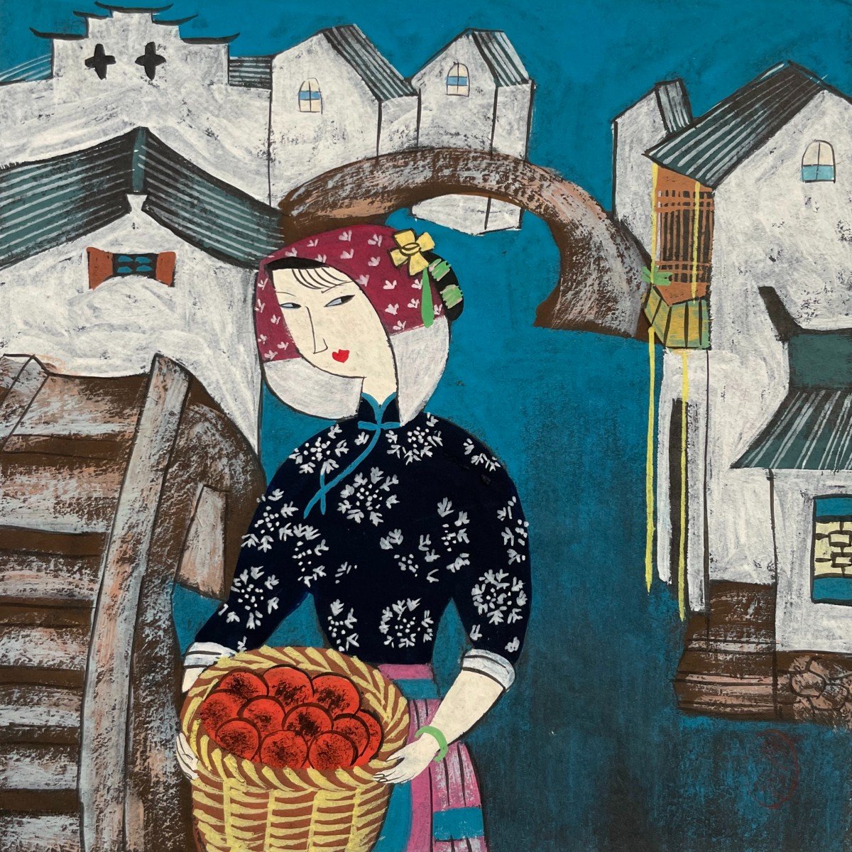 Hu Yongkai, Femme Au Panier De Fruits, Gouache