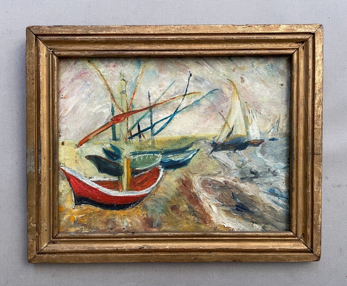 Bateaux, Huile Sur Panneau