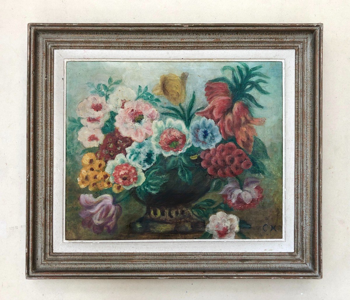  Bouquet De Fleurs, Huile Sur Toile Monogrammée, Début XXe-photo-2