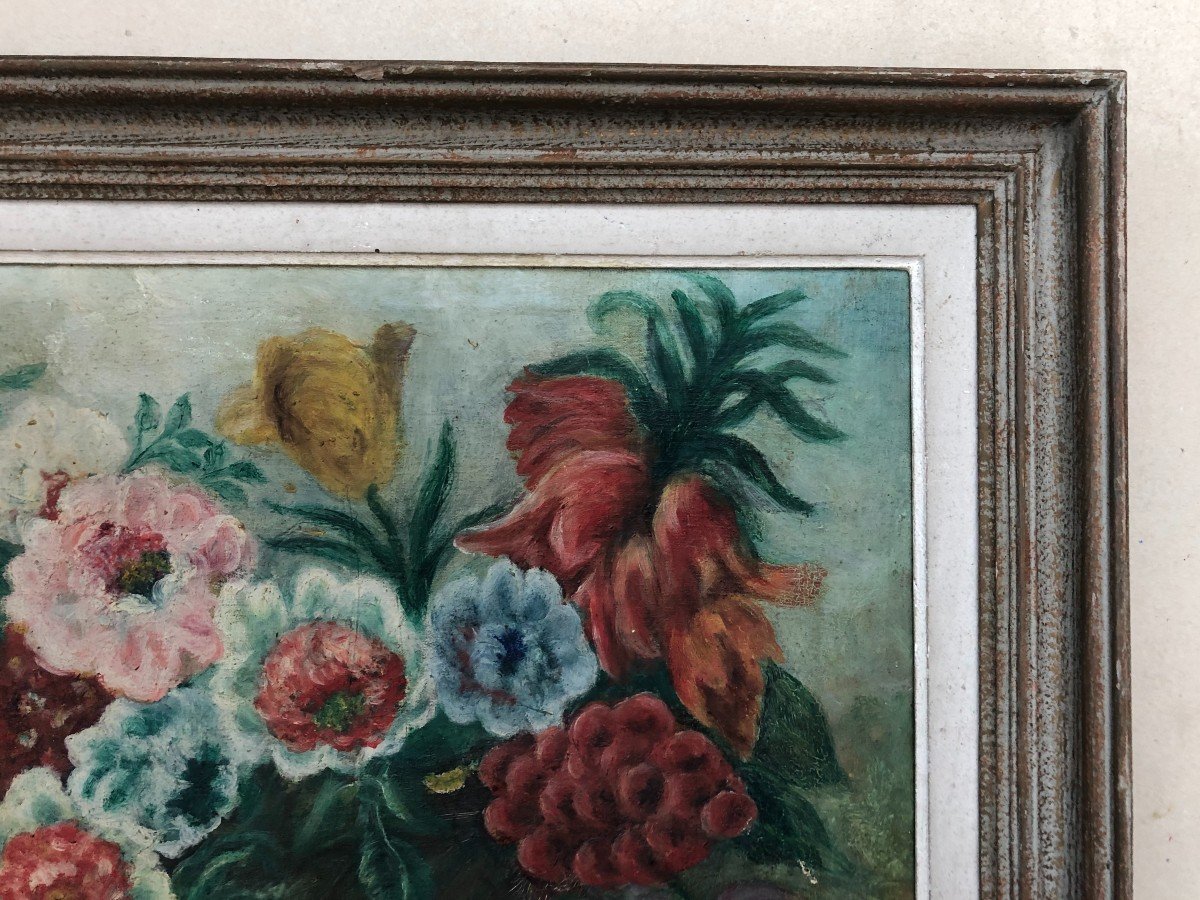  Bouquet De Fleurs, Huile Sur Toile Monogrammée, Début XXe-photo-4