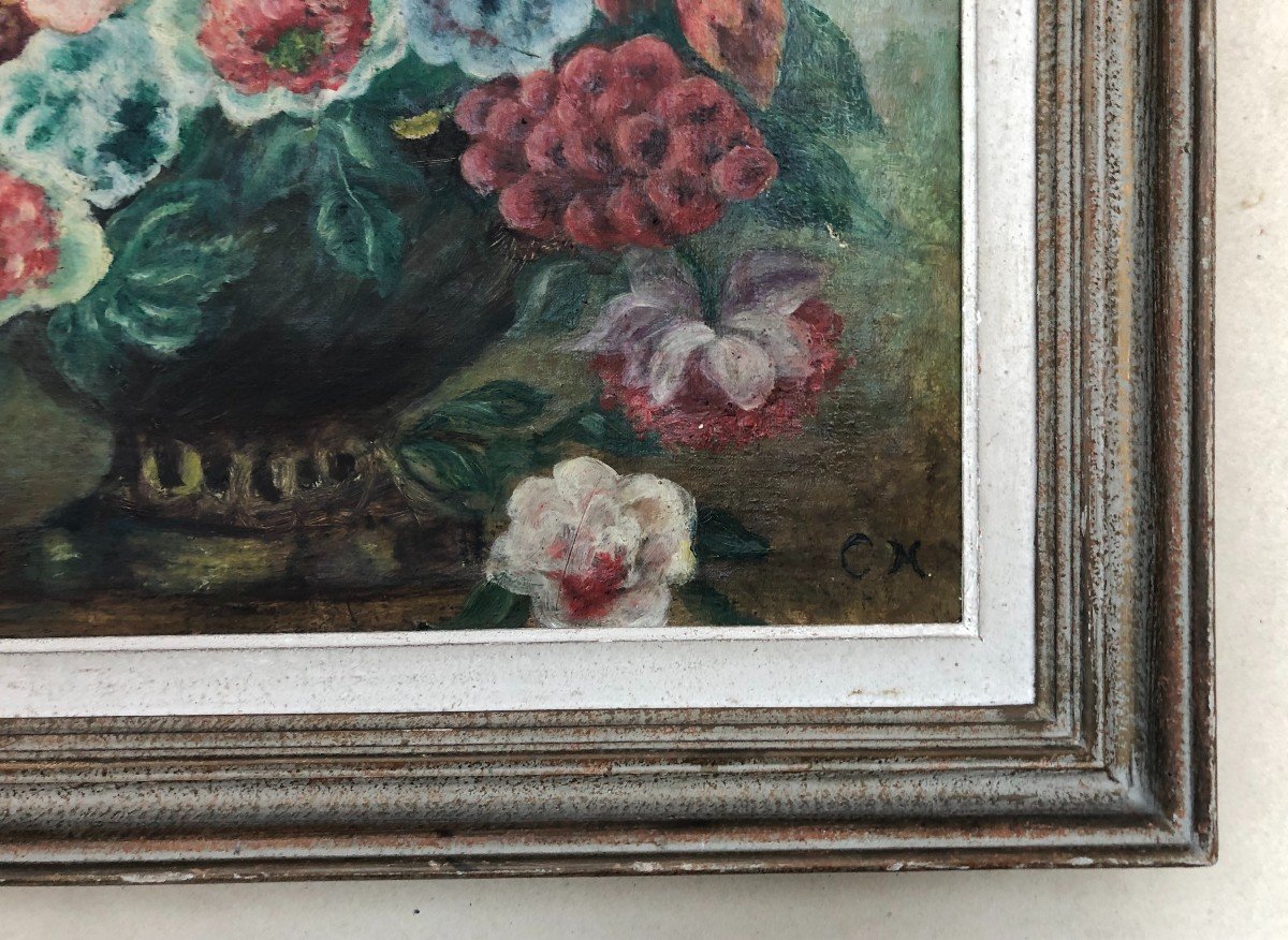  Bouquet De Fleurs, Huile Sur Toile Monogrammée, Début XXe-photo-1