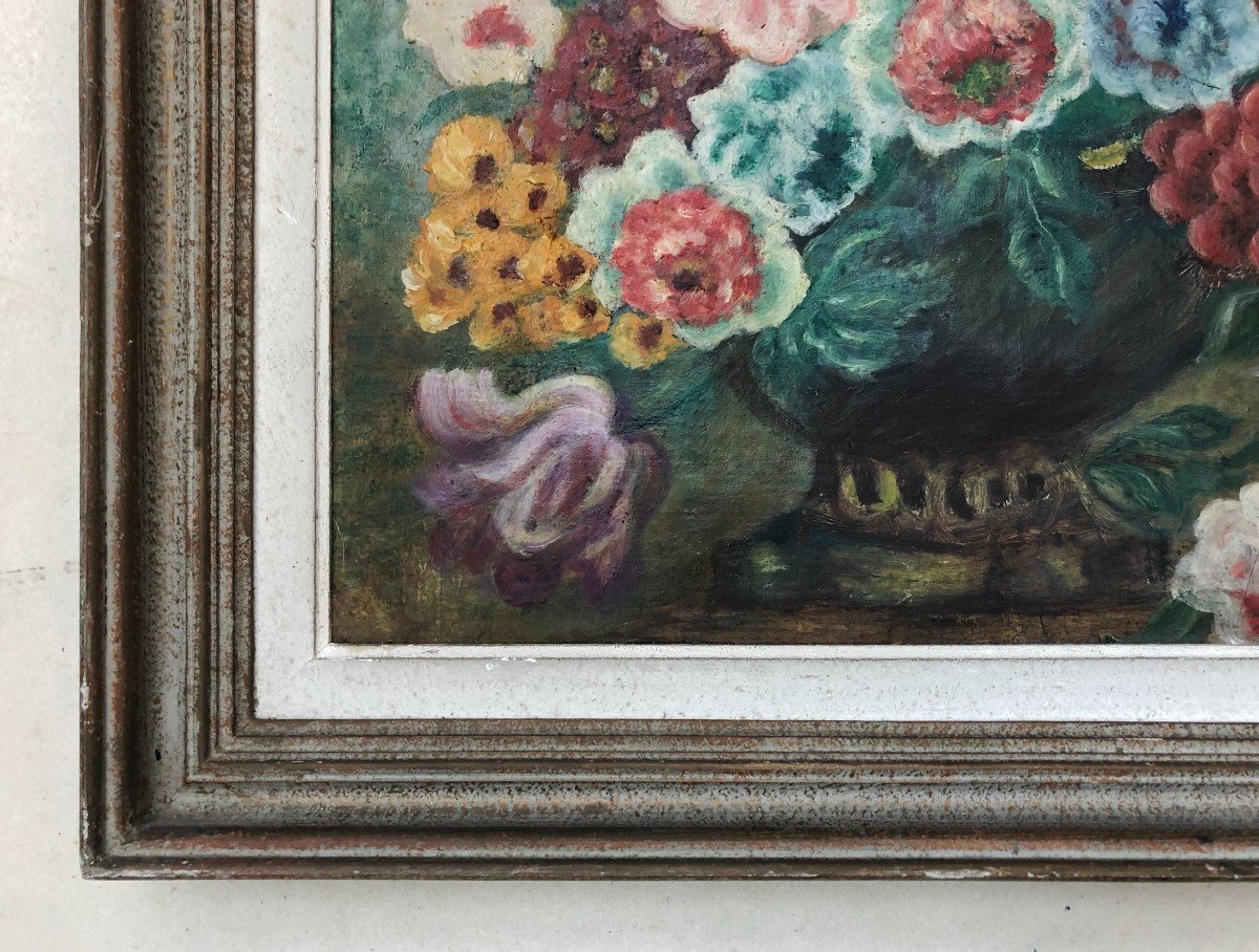  Bouquet De Fleurs, Huile Sur Toile Monogrammée, Début XXe-photo-2