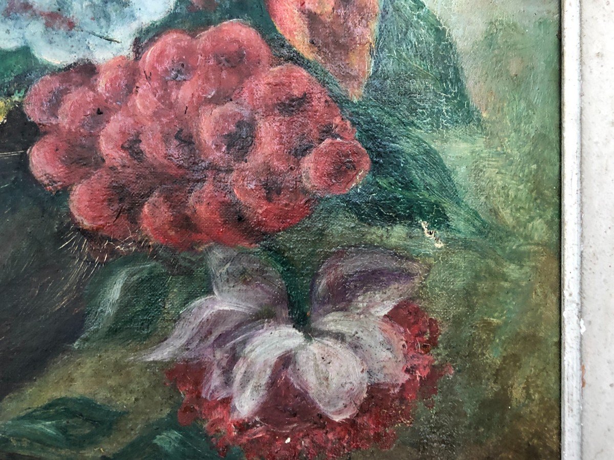  Bouquet De Fleurs, Huile Sur Toile Monogrammée, Début XXe-photo-3