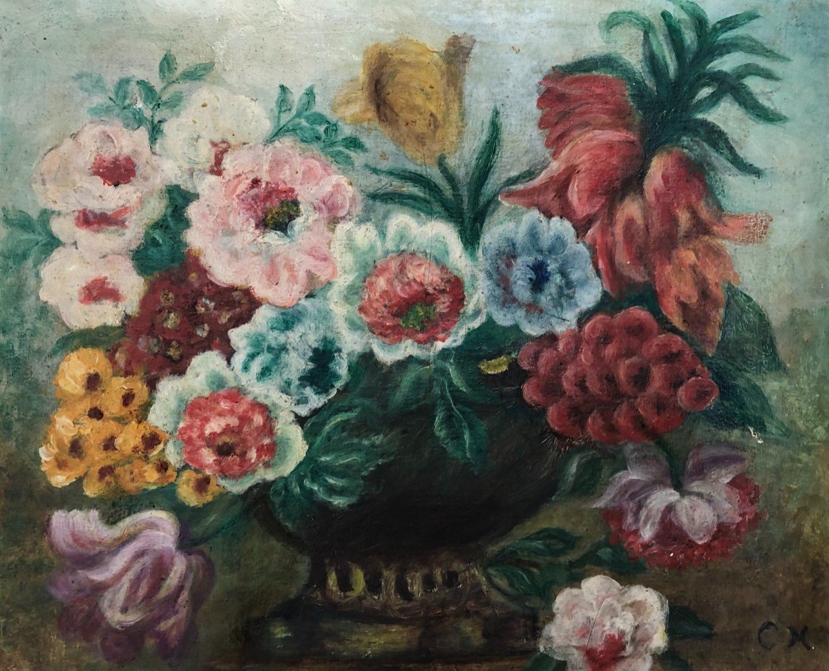  Bouquet De Fleurs, Huile Sur Toile Monogrammée, Début XXe