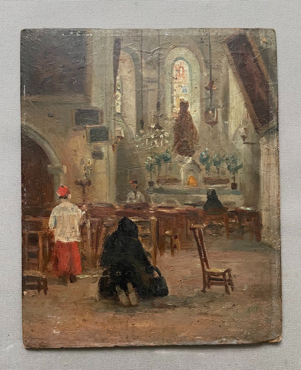 Church Interior, Oil On Cardboard, Early 20th Century-photo-2