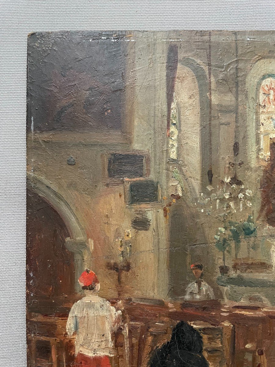 Church Interior, Oil On Cardboard, Early 20th Century-photo-3