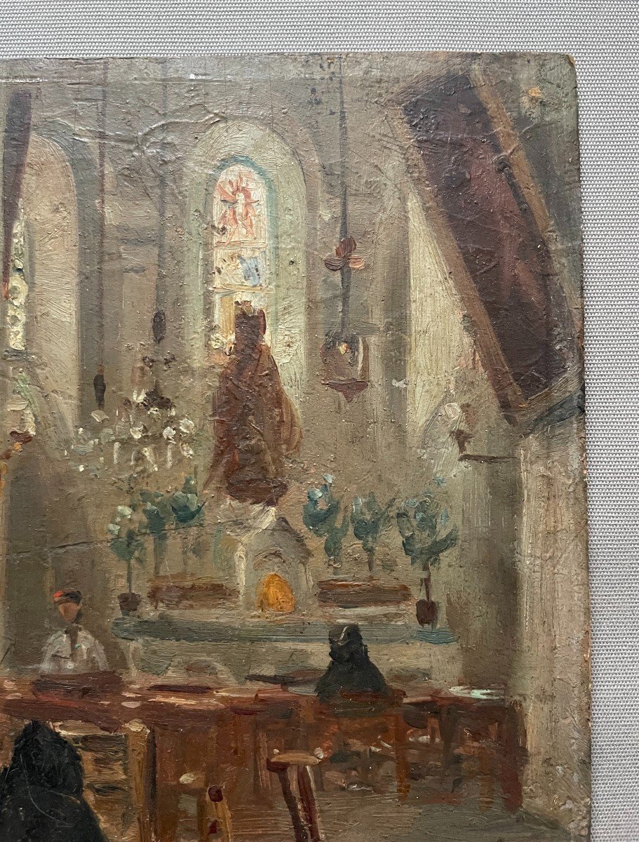 Church Interior, Oil On Cardboard, Early 20th Century-photo-4