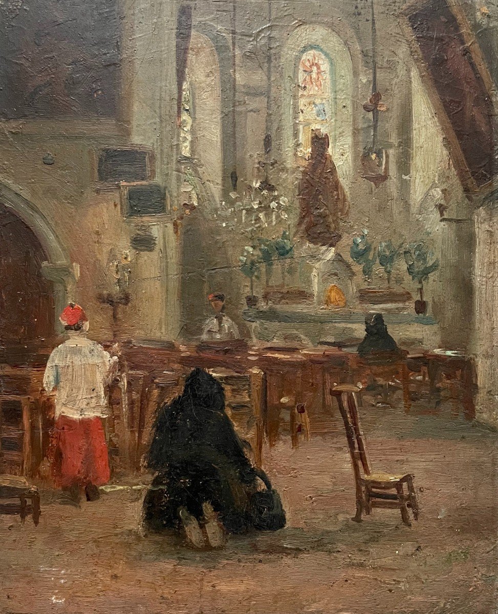 Church Interior, Oil On Cardboard, Early 20th Century