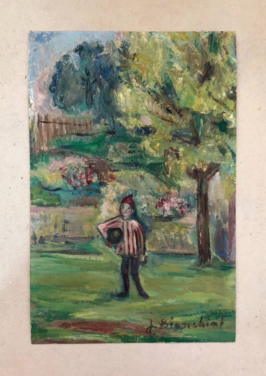 Young Boy With Ball, Oil On Cardboard, Signature To Be Identified-photo-2