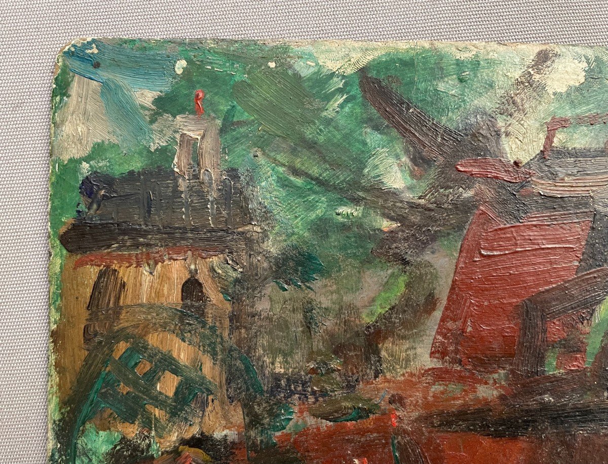 Animated Terrace In Montmartre, Oil On Cardboard, Trace Of Signature-photo-2