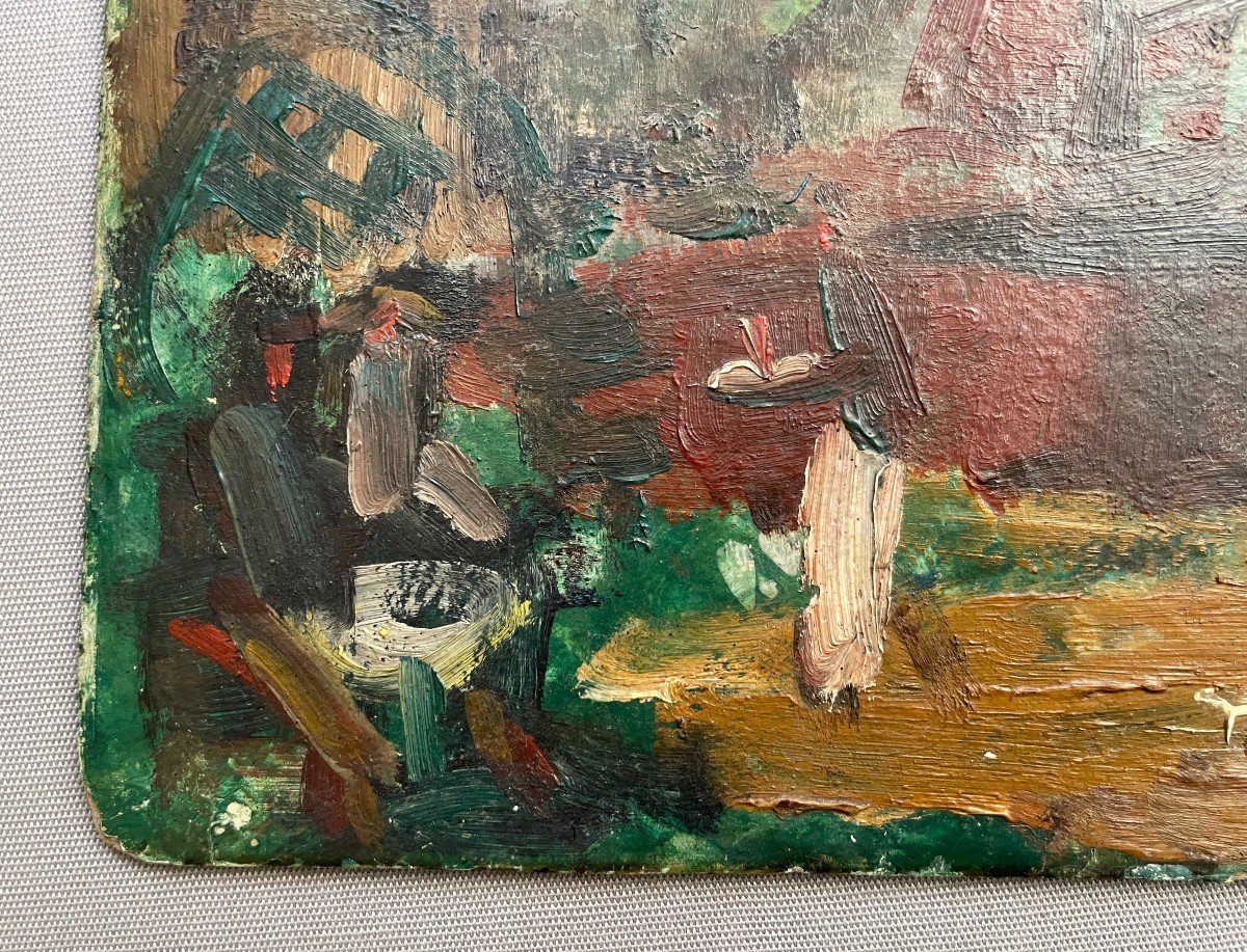 Animated Terrace In Montmartre, Oil On Cardboard, Trace Of Signature-photo-1