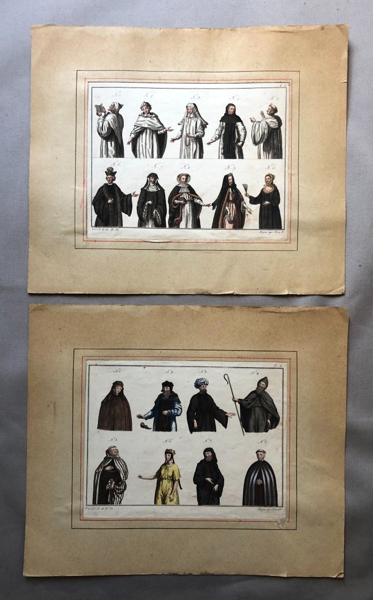 Costumes Médiévaux, Deux Gravures Rehaussées, XVIIIe