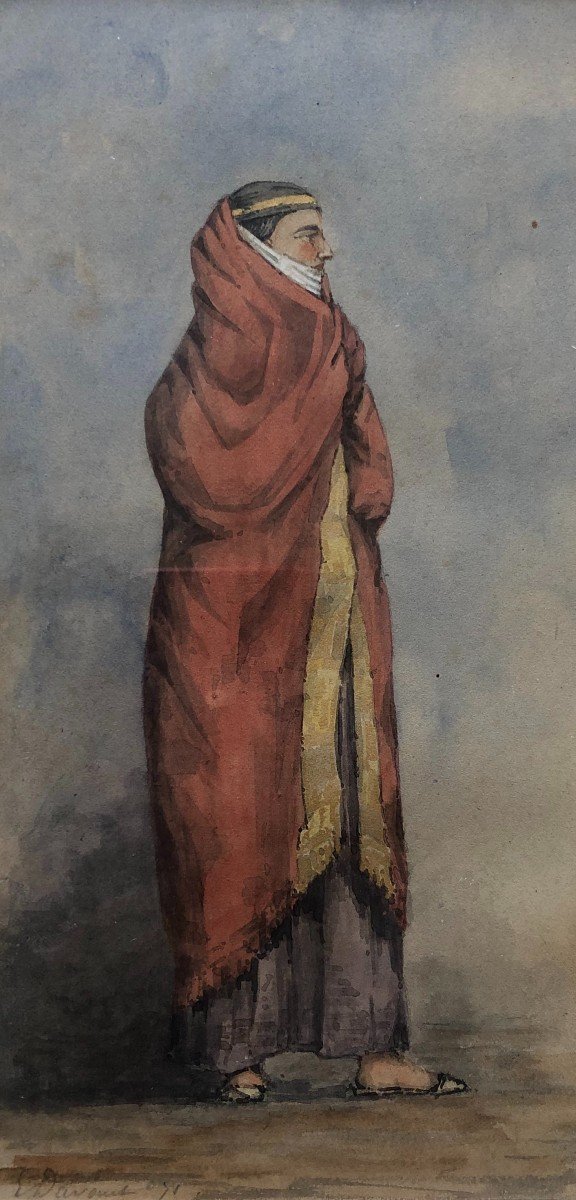 Femme Orientale, Aquarelle XIXe, Signature à Identifier 