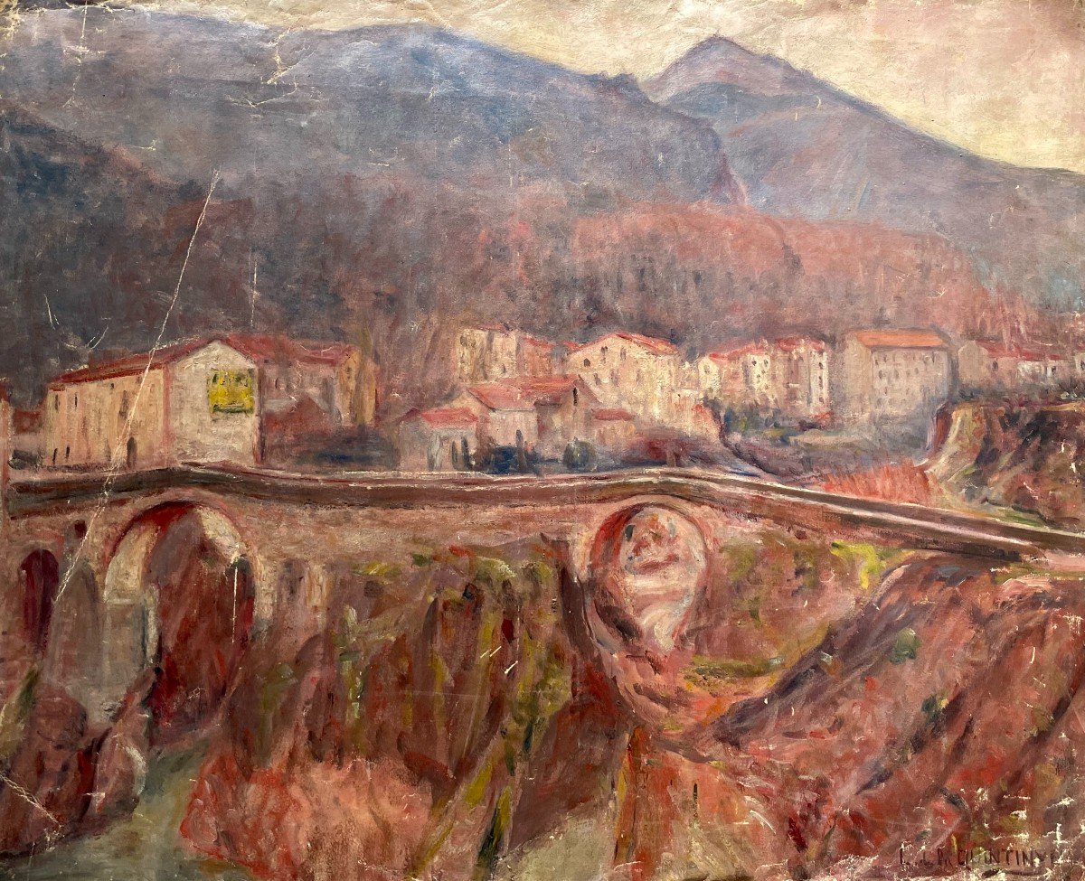 Léon De La Quintinye, View Of Amélie Les Bains, Oil On Canvas