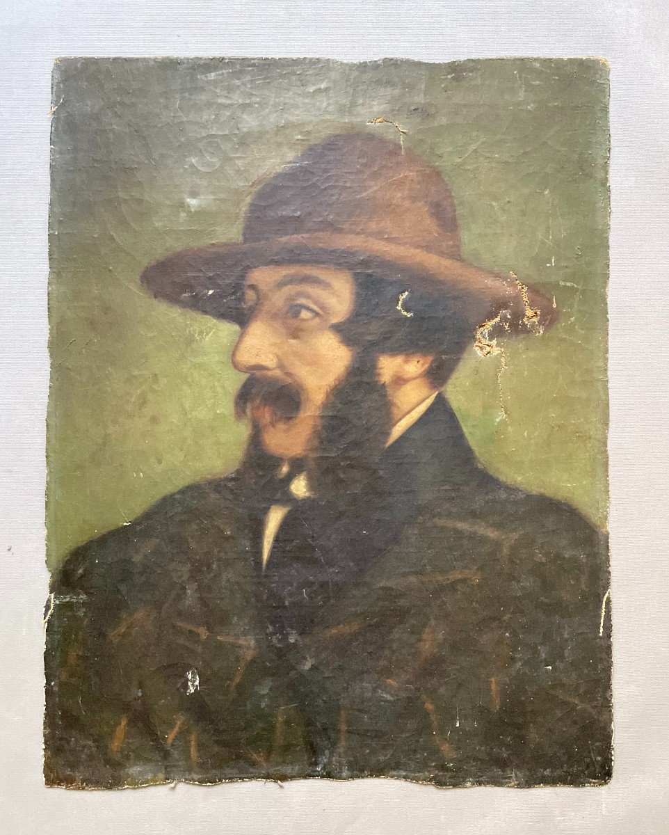 Portrait d'Homme Au Chapeau, Huile Sur Toile Fin XIXe -photo-2