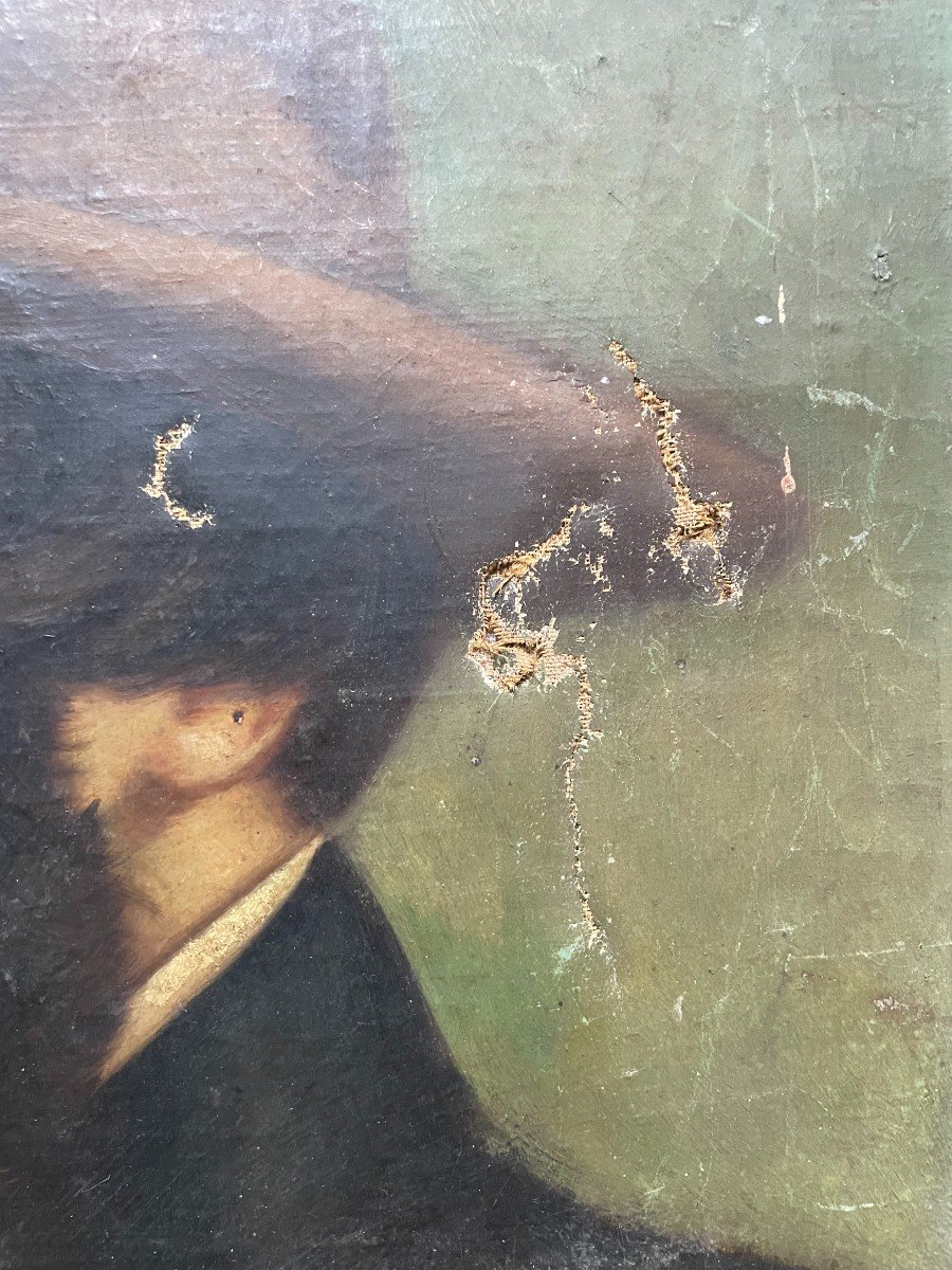 Portrait d'Homme Au Chapeau, Huile Sur Toile Fin XIXe -photo-3