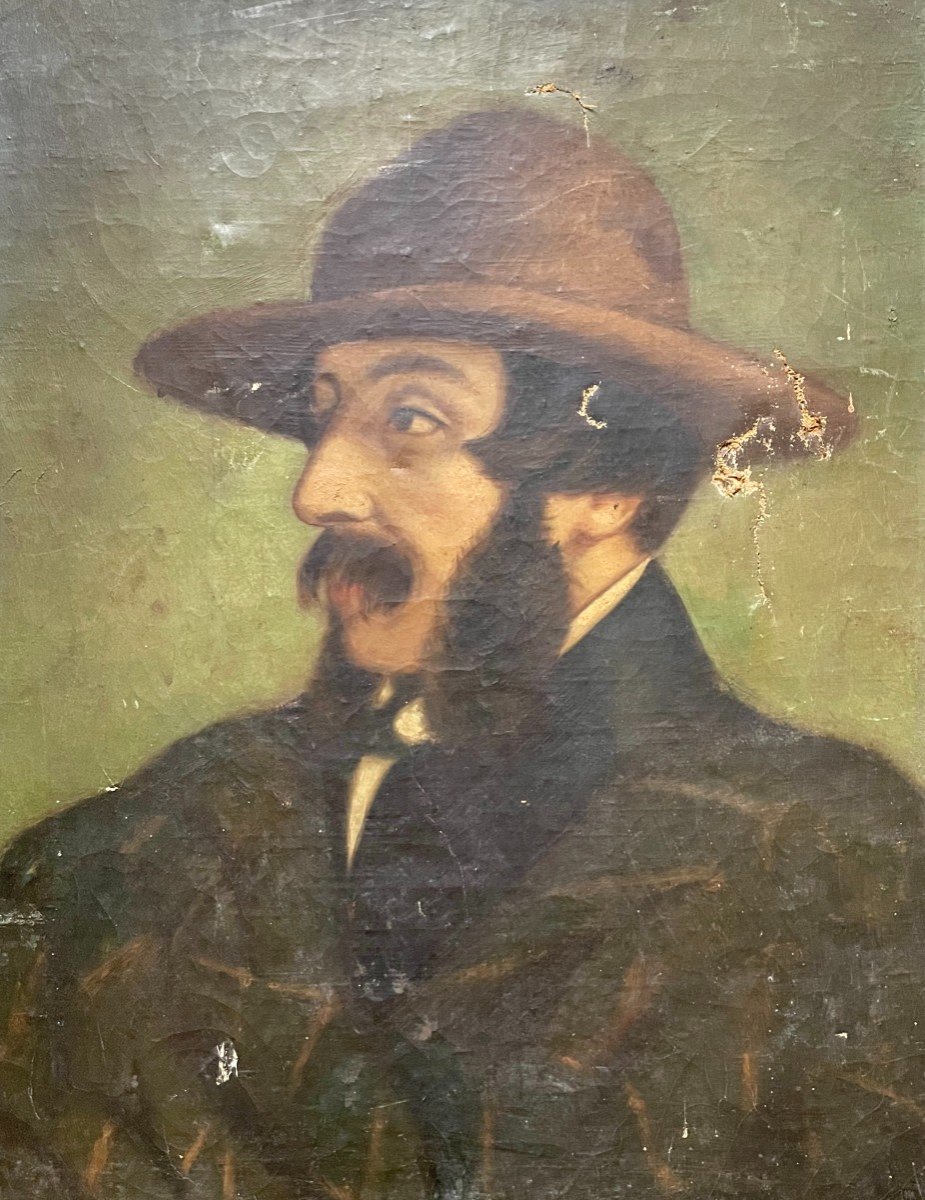 Portrait d'Homme Au Chapeau, Huile Sur Toile Fin XIXe 