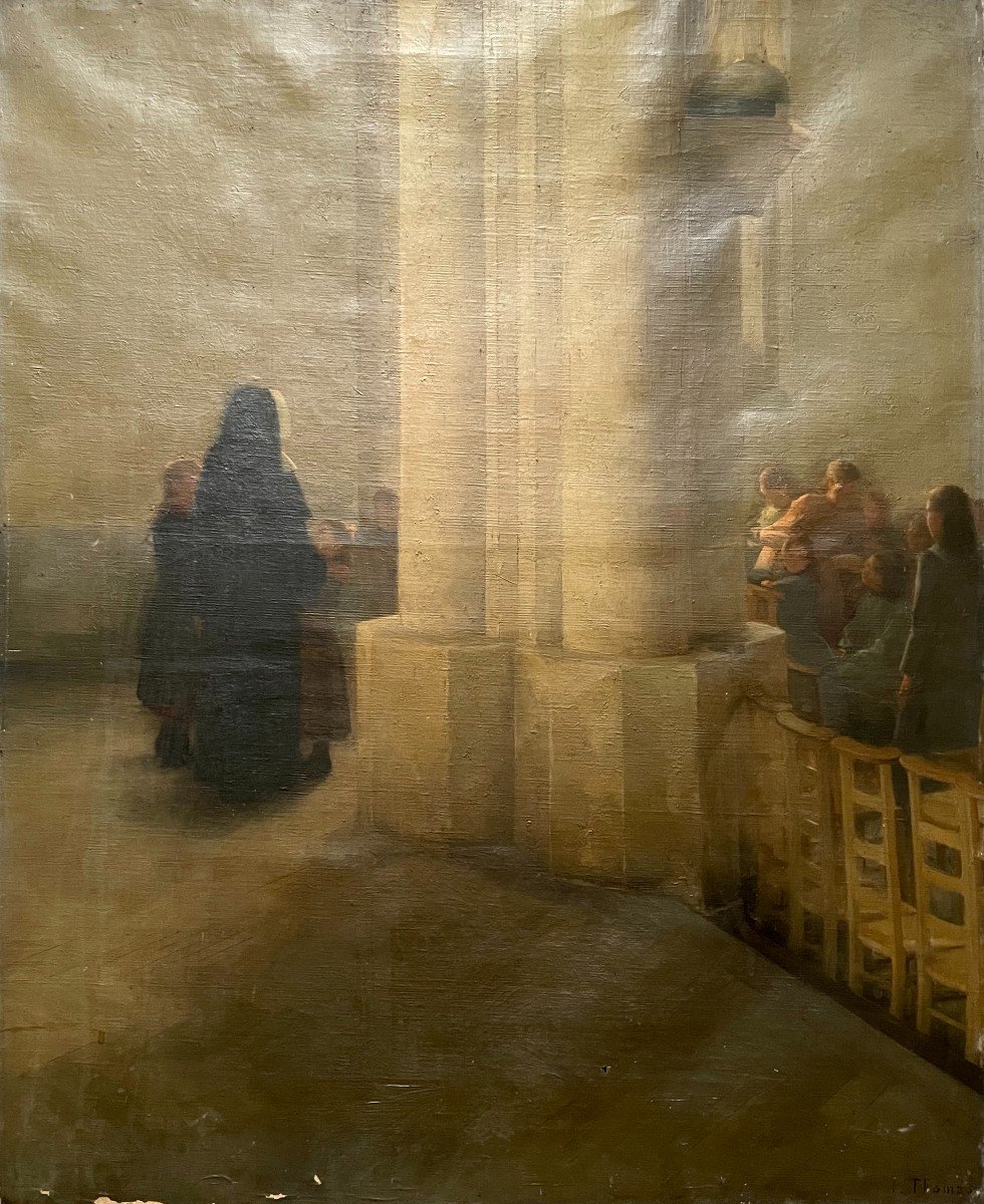 Paul Thomas, Intérieur d'Eglise, Huile Sur Toile