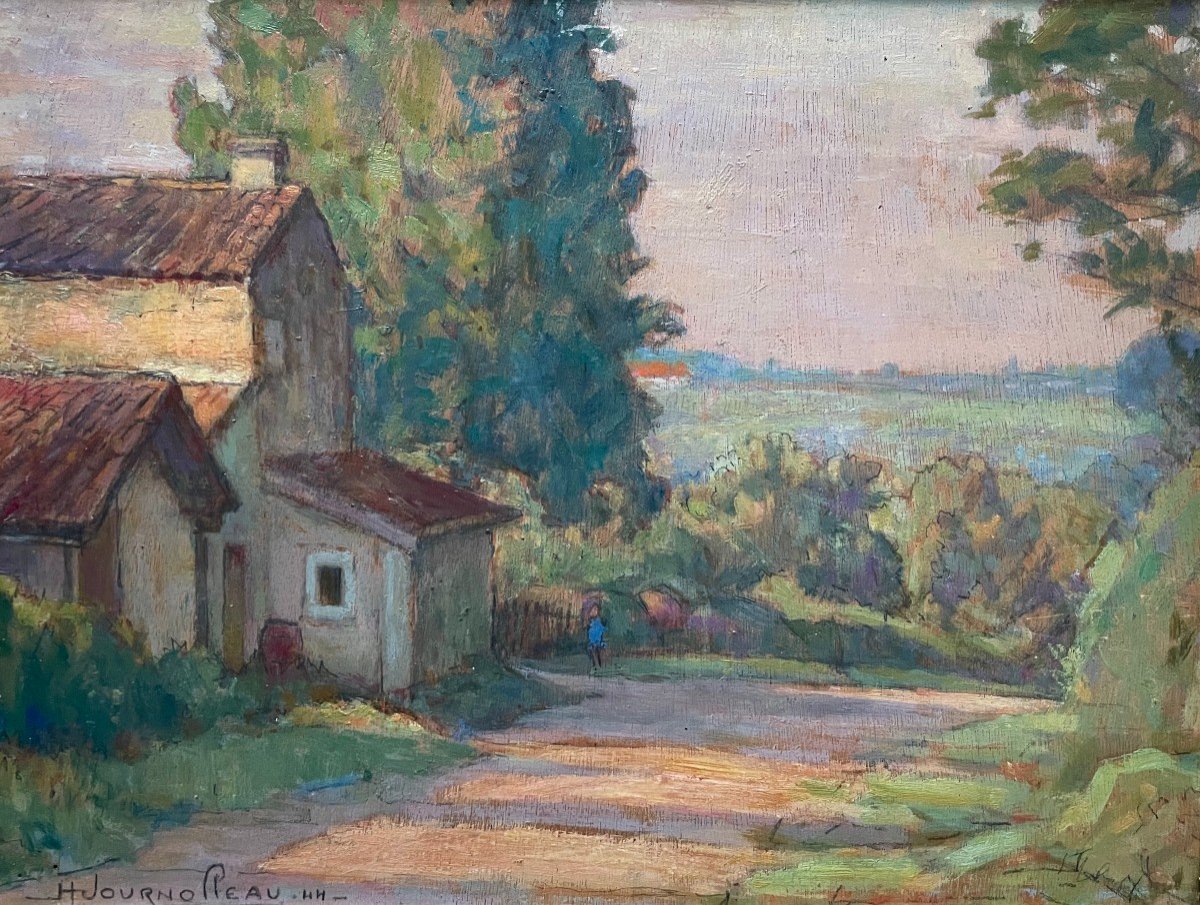 Henri Journolleau, Animated Landscape, Oil On Panel