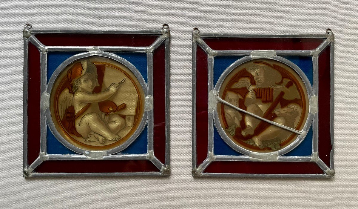 Pair Of Stained Glass Windows Decorated With Putti Artists