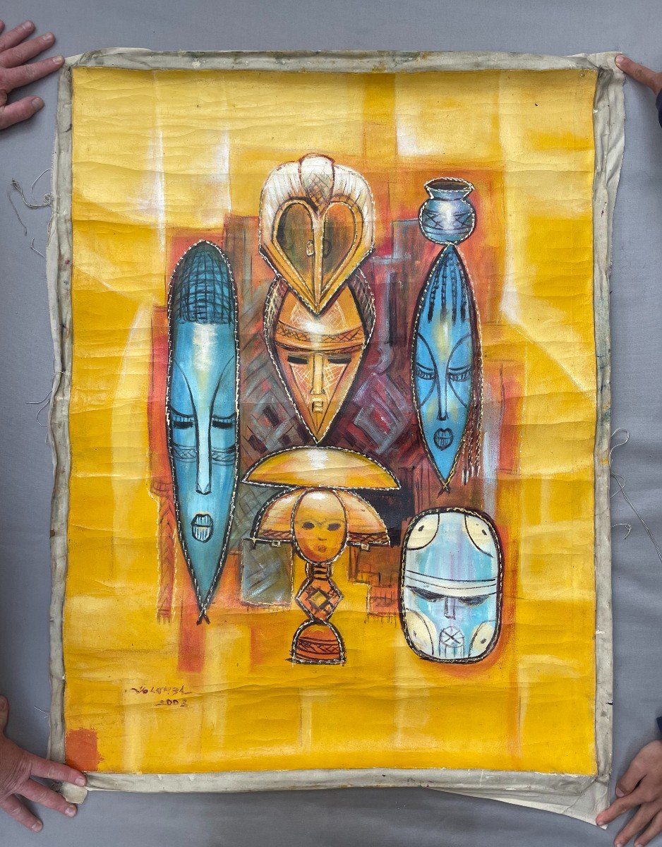 Masques Et Fétiches Africains, Huile Sur Toile, Grand Format, Signature à Identifier-photo-2