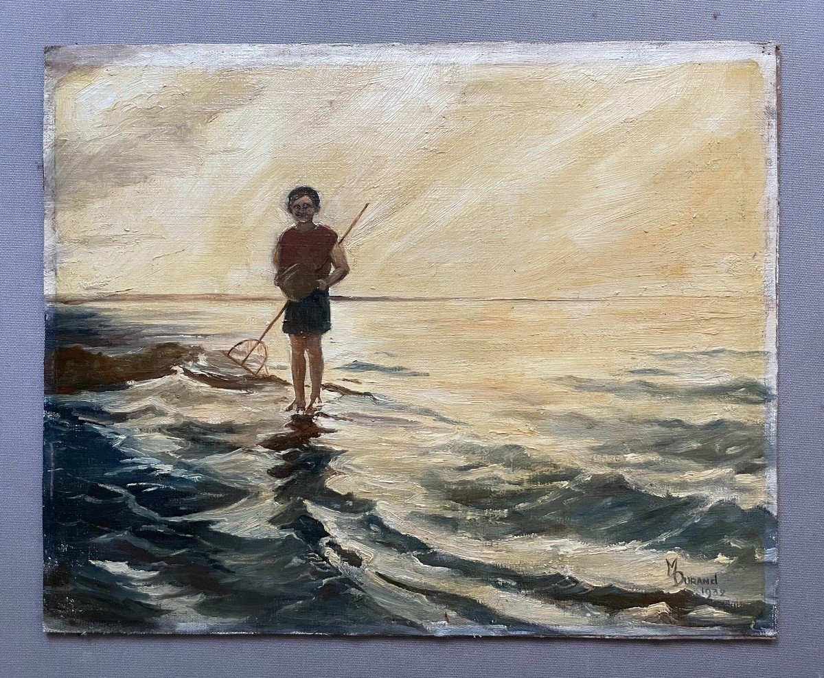 The Little Fisherman, Oil On Canvas Signed M. Durand 1932-photo-2